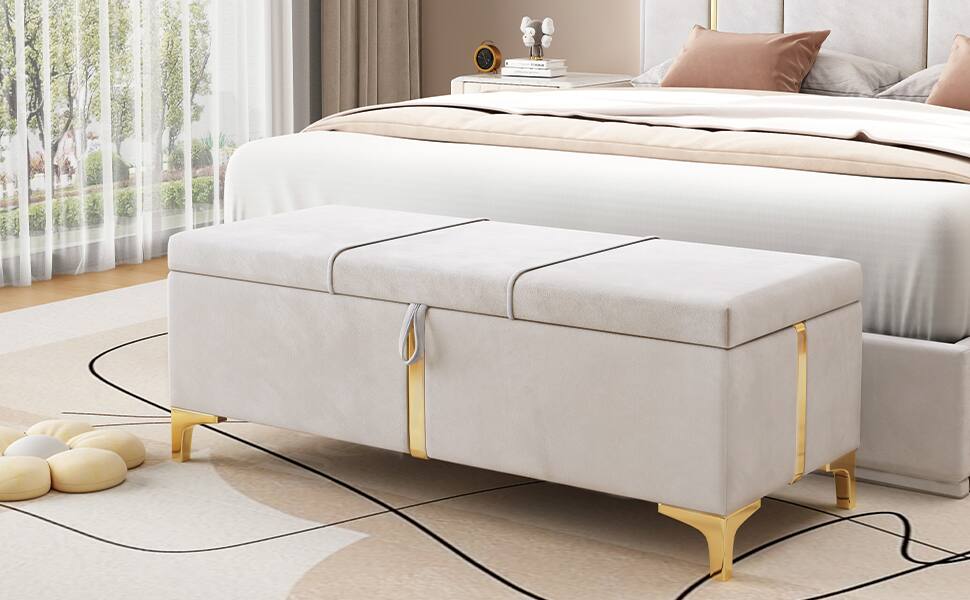 Alt View 5. GOODSILO - Elegant Upholstered Storage Ottoman Bench with Metal Legs - Beige.