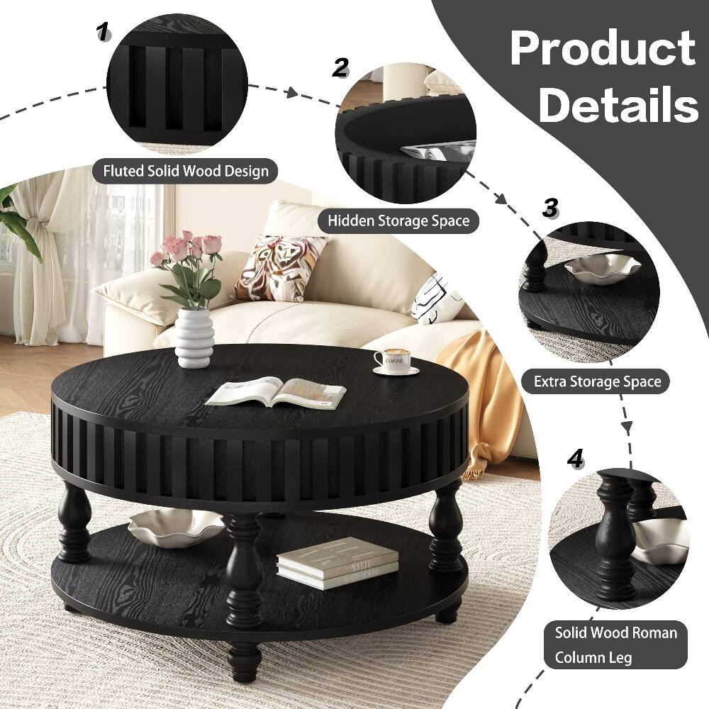 Loheer Fluted Coffee Table, Round Center Table with Storage, Solid Wood ...