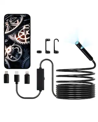 Front. VEVOR - Endoscope Camera with Light, Dual Lens Borescope for Android & IOS, 1920P HD Inspection Camera with 8 + 1 LED Light - Black.