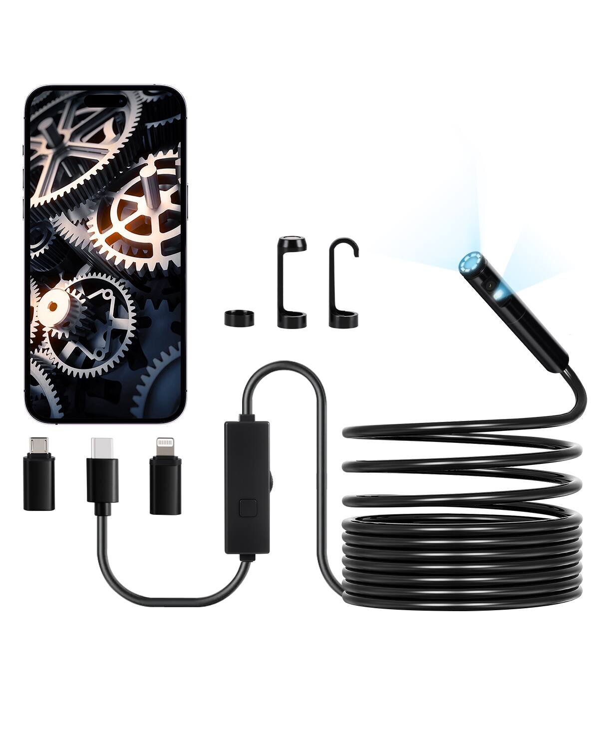 Front. VEVOR - Endoscope Camera with Light, Dual Lens Borescope for Android & IOS, 1920P HD Inspection Camera with 8 + 1 LED Light - Black.