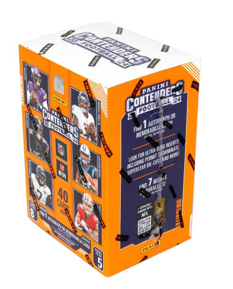 PANINI  
CONTENDERS  
2024  
FOOTBALL  

Find 1 Autograph or Memorabilia Card!  
Ped Box on Average  

Look for Ultra-Rare Inserts, Including Die-Cut Superstar Die-Cut and More!  
Find 7 Inserts!  

40 Cards  
8 Autograph or Memorabilia Cards  
5 Packs  

Official Panini NFTs  
NFL  

PANINI  
CONTENDERS  
2024  
FOOTBALL  

Find 1 Autograph or Memorabilia Card!  
Ped Box on Average  

Look for Ultra-Rare Inserts, Including Die-Cut Superstar Die-Cut and More!  
Find 7 Inserts!  

40 Cards  
8 Autograph or Memorabilia Cards  
5 Packs  

Official Panini NFTs  
NFL  

PANINI  
CONTENDERS  
2024  
FOOTBALL  

Find 1 Autograph or Memorabilia Card!  
Ped Box on Average  

Look for Ultra-Rare Inserts, Including Die-Cut Superstar Die-Cut and More!  
Find 7 Inserts!  

40 Cards  
8 Autograph or Memorabilia Cards  
5 Packs  

Official Panini NFTs  
NFL  

PANINI  
CONTENDERS