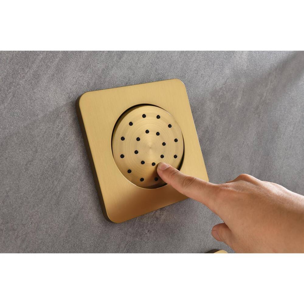 Alt View 4. JUJABU - Brushed Gold Shower System with Shower Head, Slide Bar, Bodysprays, Shower Arm, Hose, Valve Trim, and Lever Handles - Brushed Gold.