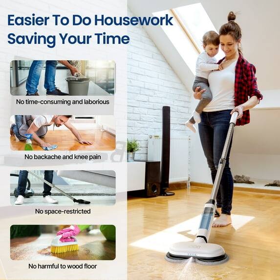 Easier To Do Housework  
Saving Your Time

- No time-consuming and laborious
- No backache and knee pain
- No space-restricted
- No harmful to wood floor