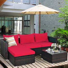 Gymax - 5PCS Cushioned Rattan Patio Conversation Set w/ Ottoman Cushion - Red