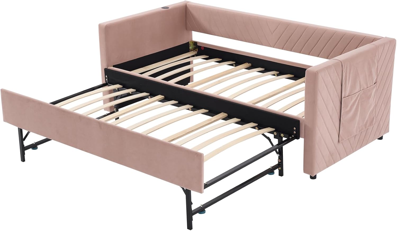 Alt View 3. Trinkets Crazed - Twin Daybed with Pop Up Trundle, Velvet Upholstered Extendable Daybed with USB Ports & Pockets - pink.