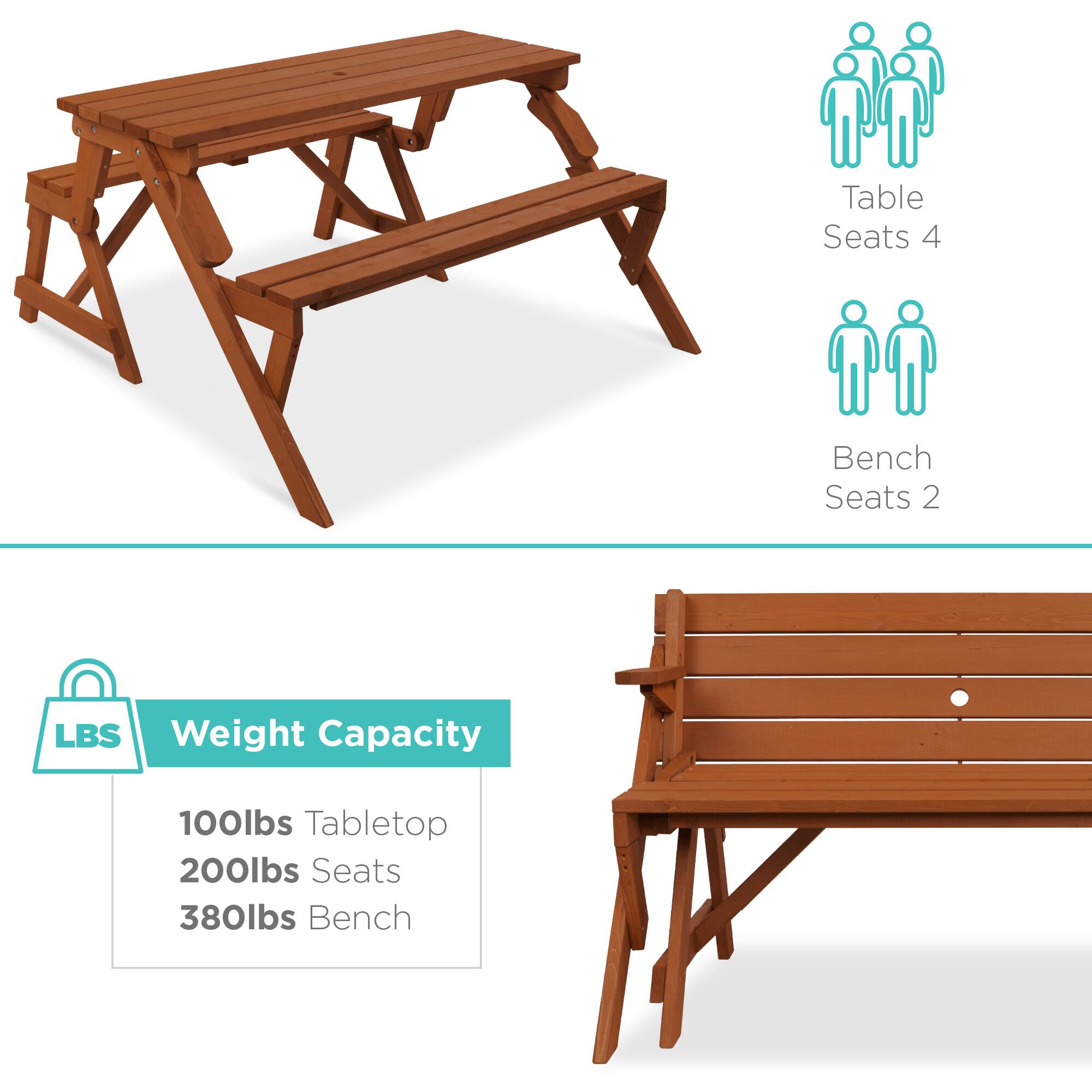 Table Seats 4  
Bench Seats 2  

LBS Weight Capacity  
100lbs Tabletop  
200lbs Seats  
380lbs Bench