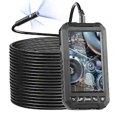 Front. VEVOR - Endoscope Camera with Light, Triple Lens Borescope with 49.2FT Semi-Rigid Cable, 5" Screen 1080P Inspection Camera - Black.