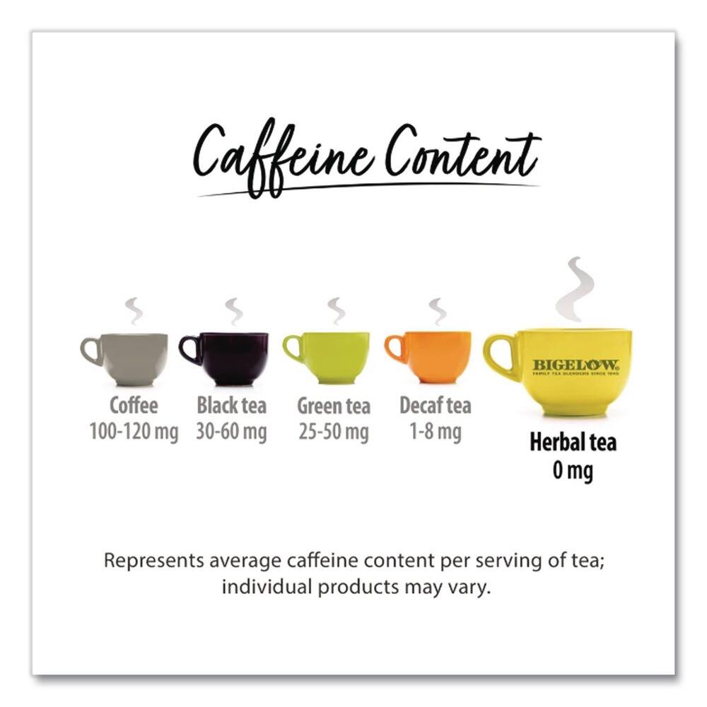 Caffeine Content

- Coffee: 100-120 mg
- Black tea: 30-60 mg
- Green tea: 25-50 mg
- Decaf tea: 1-8 mg
- Herbal tea: 0 mg

Represents average caffeine content per serving of tea; individual products may vary.