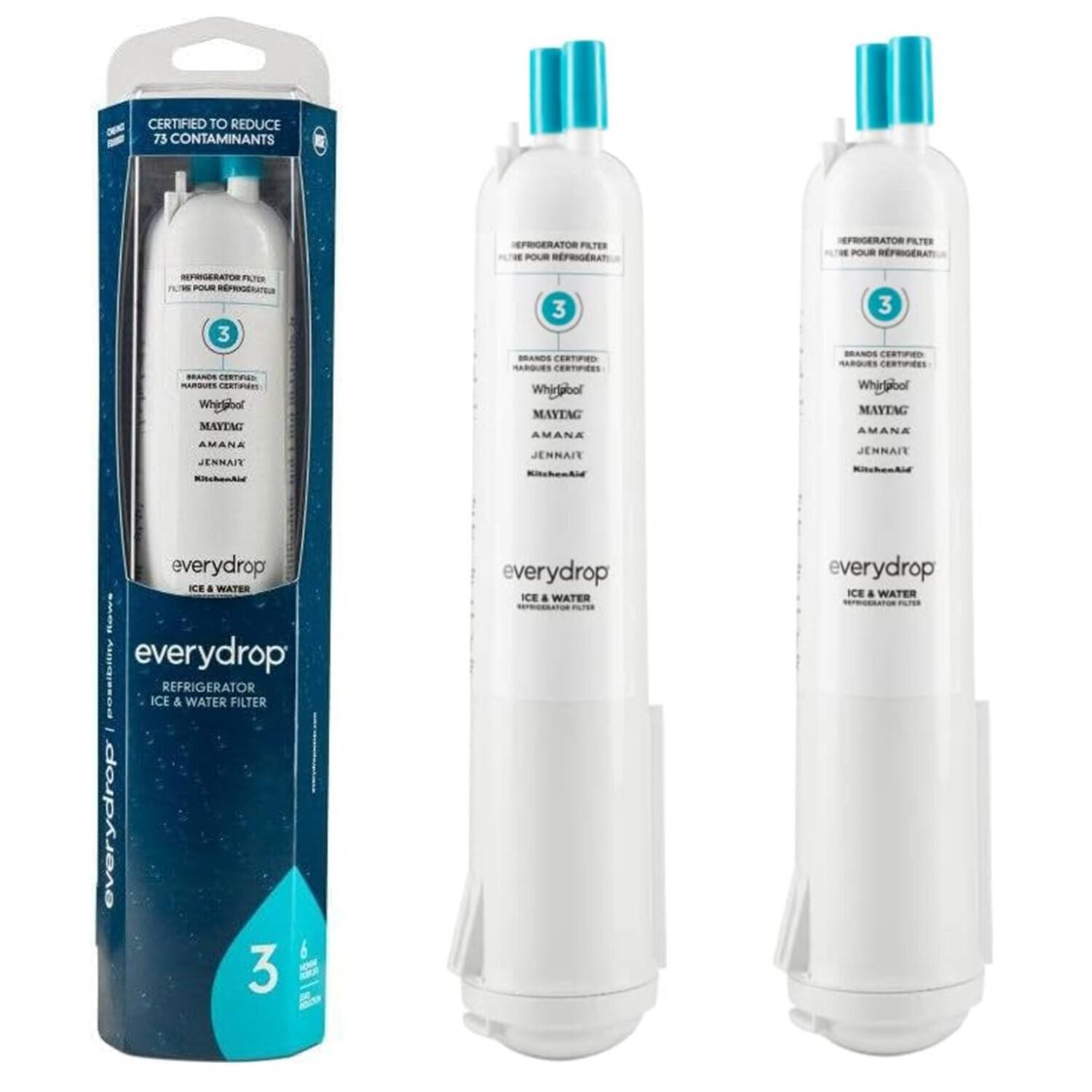 CERTIFIED TO REDUCE 75 CONTAMINANTS

REFRIGERATOR FILTER
3

BRANDS CERTIFIED
Whirlpool
MAYTAG
AMANA
JENNAIT
KitchenAid

everydrop
REFRIGERATOR ICE & WATER FILTER

everydrop
ICE & WATER FILTER

everydrop
ICE & WATER FILTER