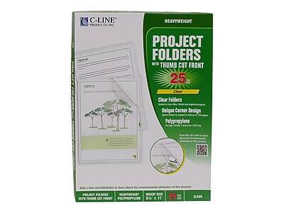 C-Line Products Inc.  
HEAVYWEIGHT PROJECT FOLDERS  
THUMB CUT FRONT  
25 Clear Folders  
Unique Corner Design  
Polypropylene  
8½" x 11"  
Clear  
Heavyweight  
Polypropylene  
25 per Box