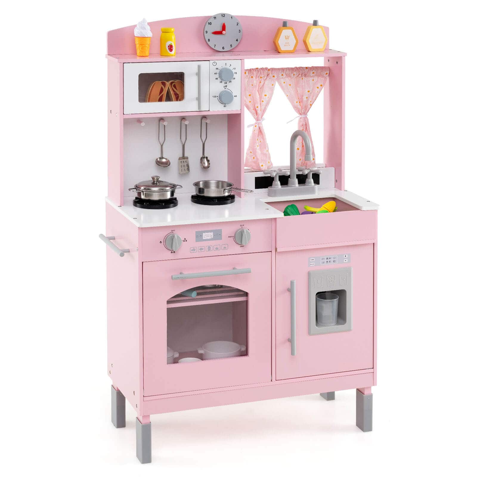 Costway - Play Kitchen with 3 Adjustable Heights, Microwave, Stoves, Sink, Oven, Ice Maker - Pink