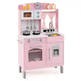 Costway - Play Kitchen with 3 Adjustable Heights, Microwave, Stoves, Sink, Oven, Ice Maker - Pink