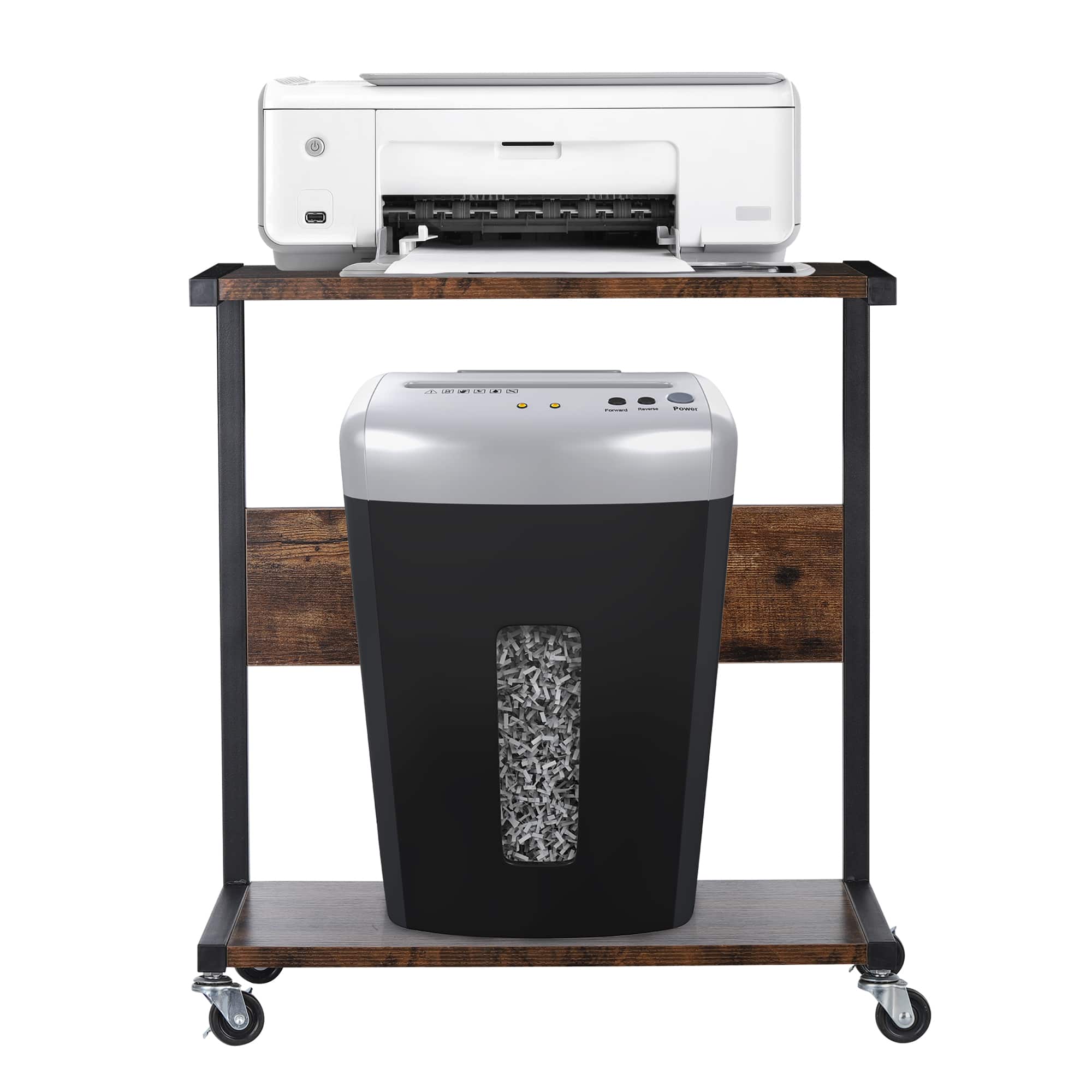 Oumilen - Rustic C-Shaped Rolling CPU Stand with 2-Tier Storage - OBBY-SUM221