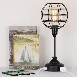 Oumilen - Industrial Globe Table Lamp with USB & AC Outlet – Metal Cage Nightstand Lamp for Bedroom, Living Room
