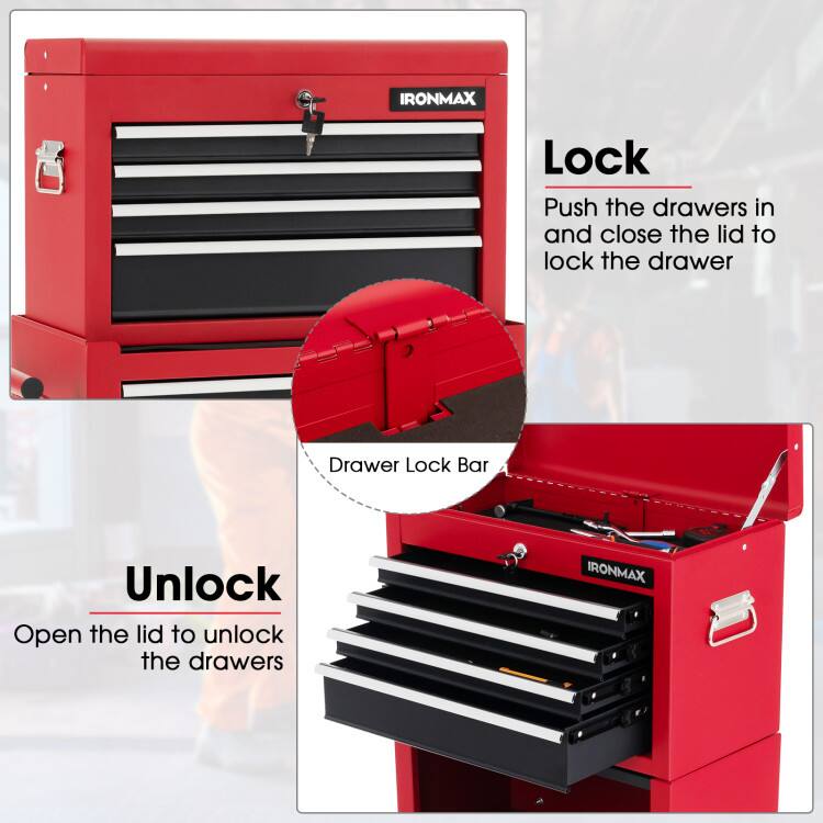 IRONMAX

Lock
Push the drawers in and close the lid to lock the drawer

Unlock
Open the lid to unlock the drawers