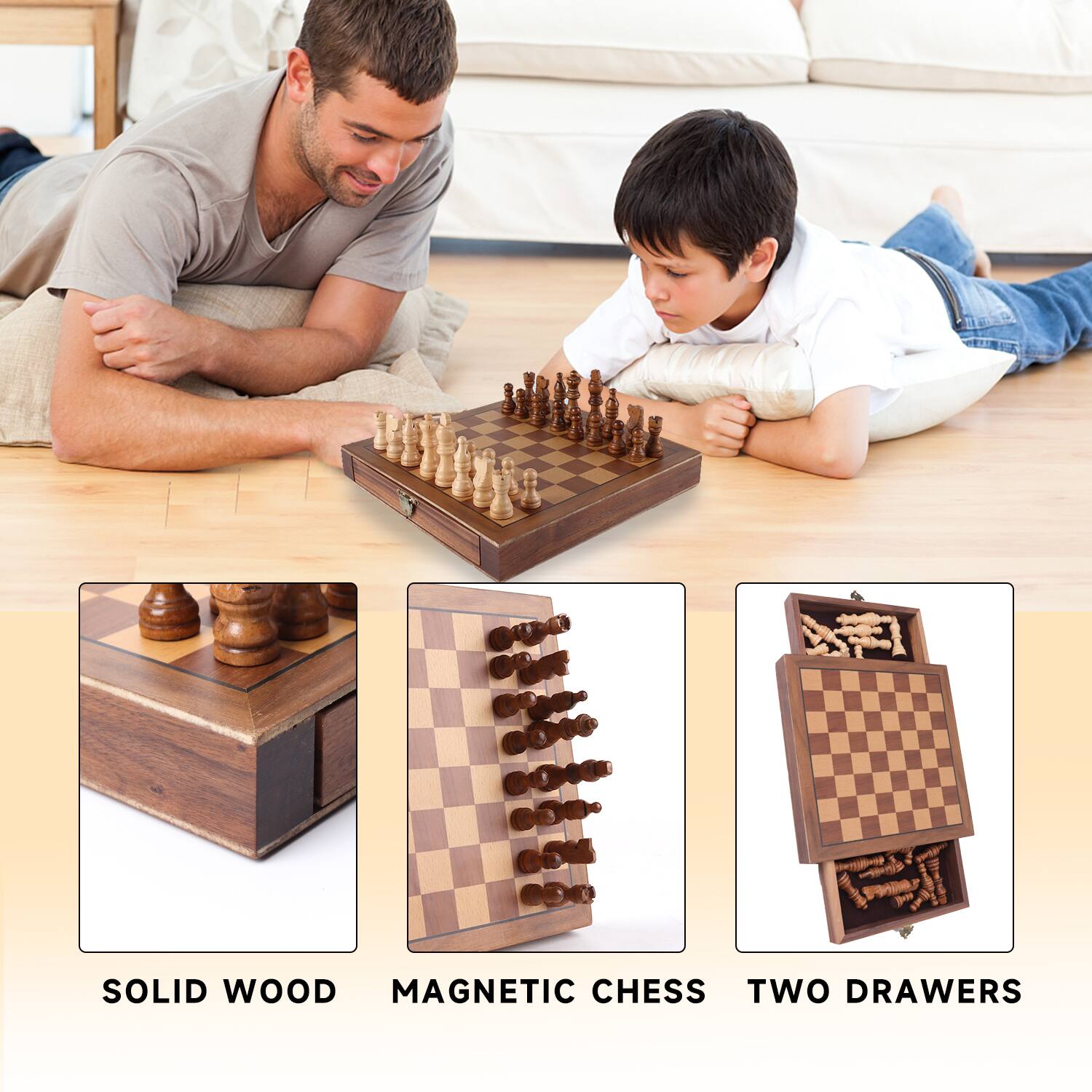 solid wood, magnetic chess, two drawers