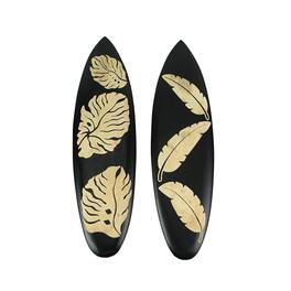 Zeckos - Set / 2 Hand Crafted Wooden Tropical Leaf Surfboard Decorative Wall Hangings 20" - Multicolored