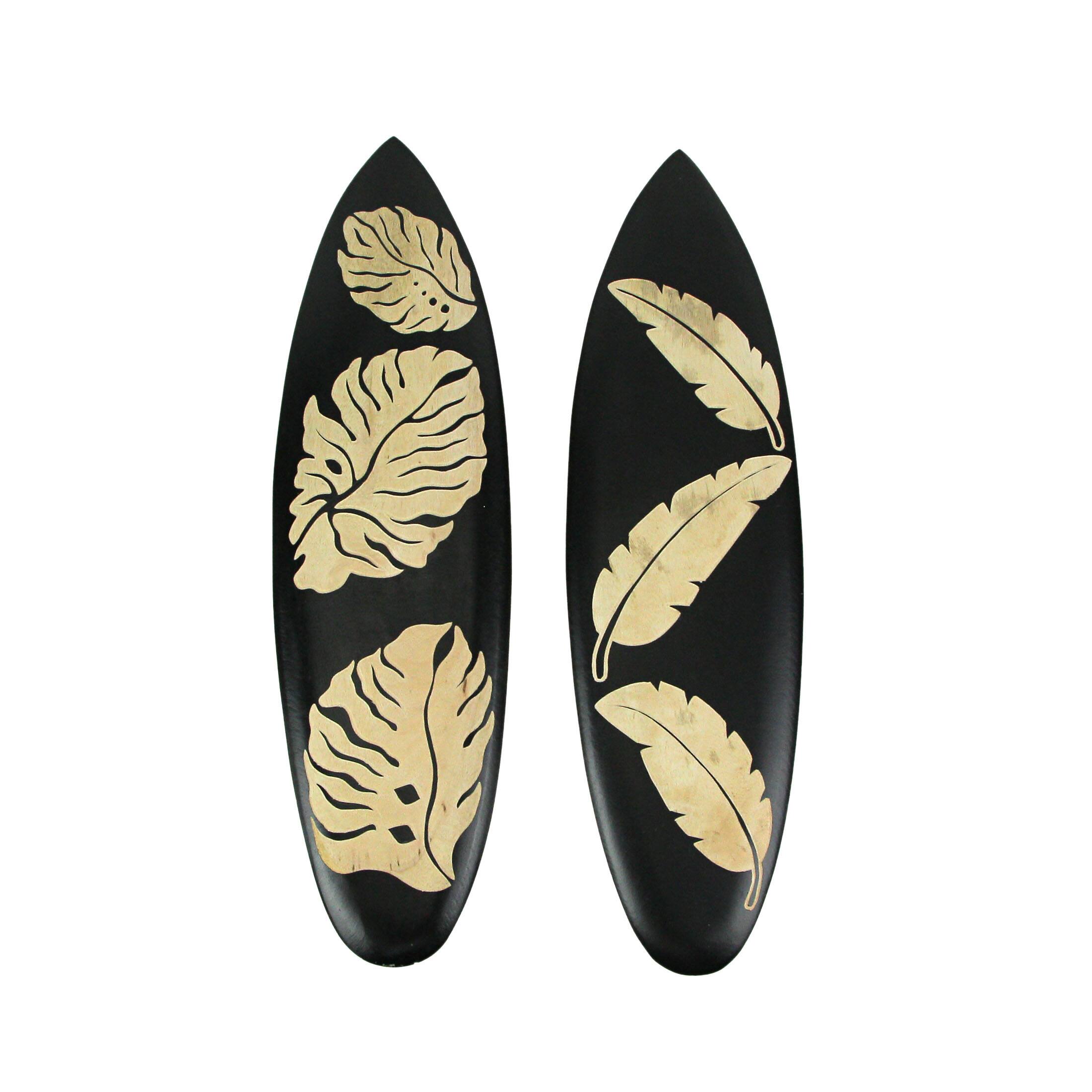 Front. Zeckos - Set / 2 Hand Crafted Wooden Tropical Leaf Surfboard Decorative Wall Hangings 20" - Multicolored.