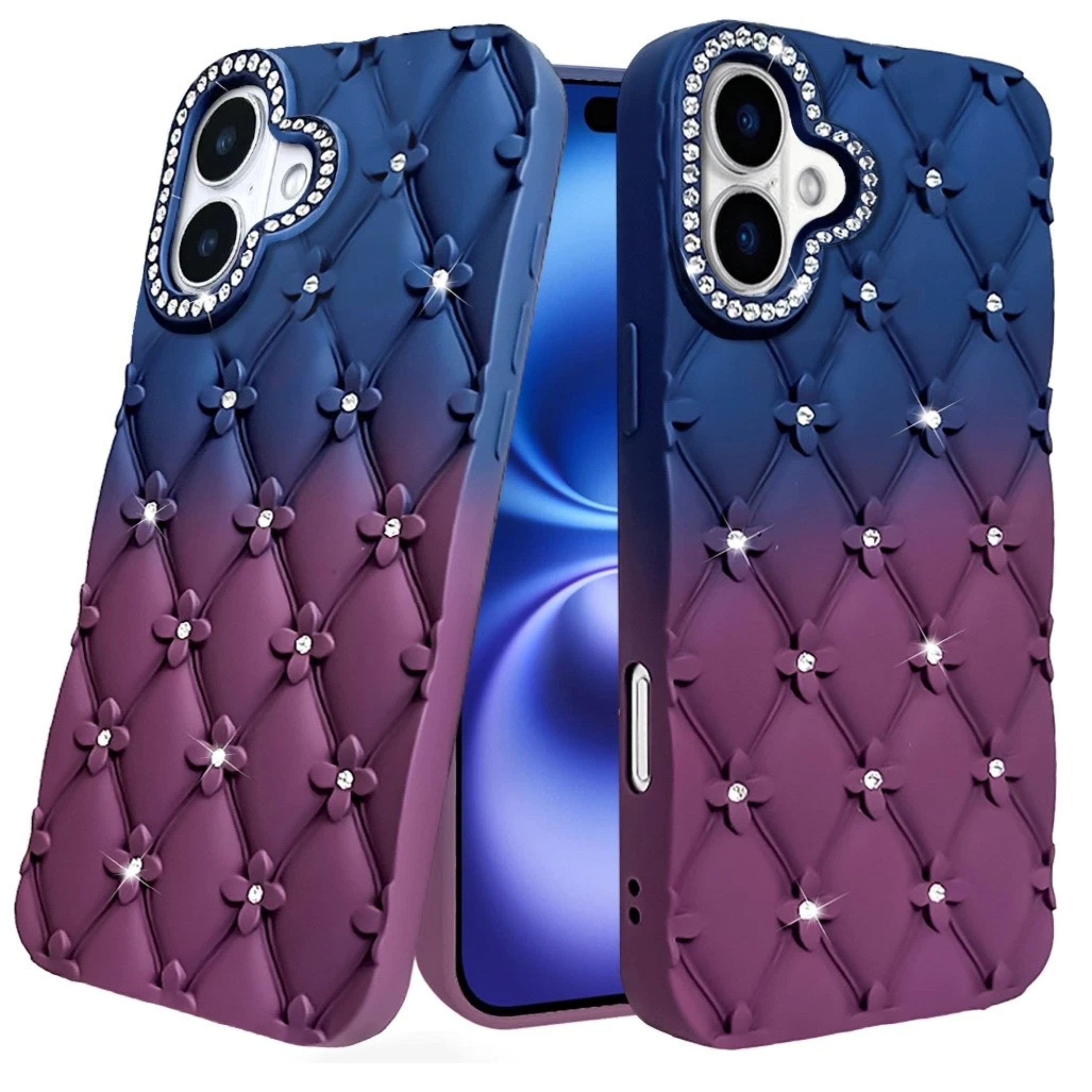 Kitcheniva - Bling Diamond Pattern Rubber Phone Cover Plus Tempered Glass For iPhone 17 - Dark Blue/Burgundy