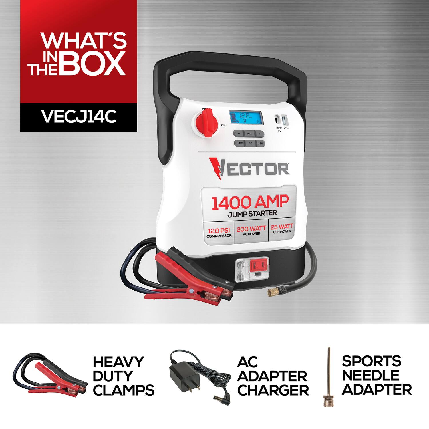 WHAT'S IN THE BOX VECJ14C - 12.8V - VECTOR 1400 AMP JUMP STARTER 200 WATT 25 WATT 120 PSI COMPRESSOR HEAVY DUTY CLAMPS AC ADAPTER CHARGER SPORTS NEEDLE ADAPTER