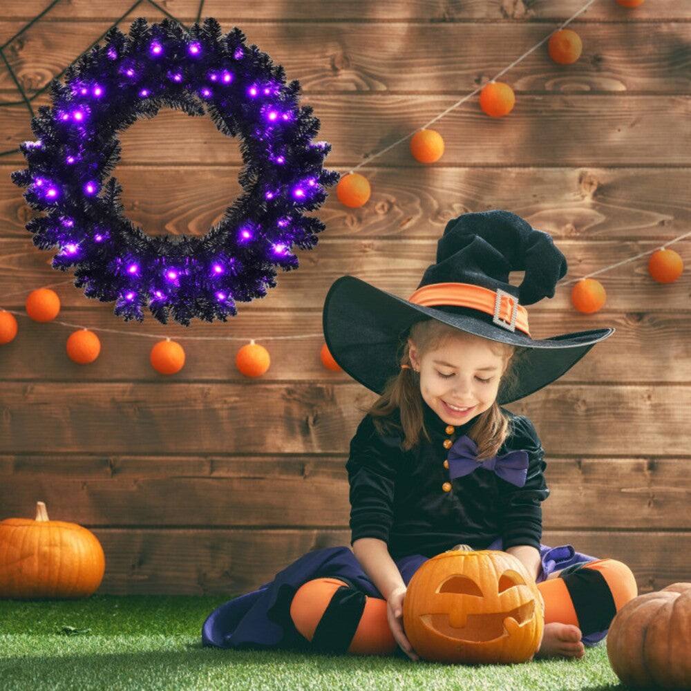 Alt View 8. Boyel Living - 24 Inch Pre-lit Halloween Wreath with 35 Purple LED Lights - Black.