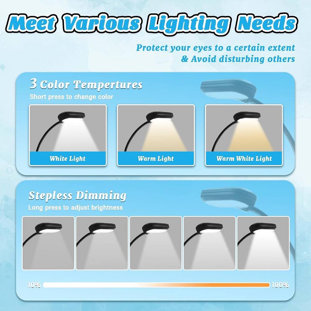 Meet Various Lighting Needs  
Protect your eyes to a certain extent & Avoid disturbing others  

3 Color Temperatures  
Short press to change color  
- White Light  
- Warm Light  
- Warm White Light  

Stepless Dimming  
Long press to adjust brightness  
10% to 100%