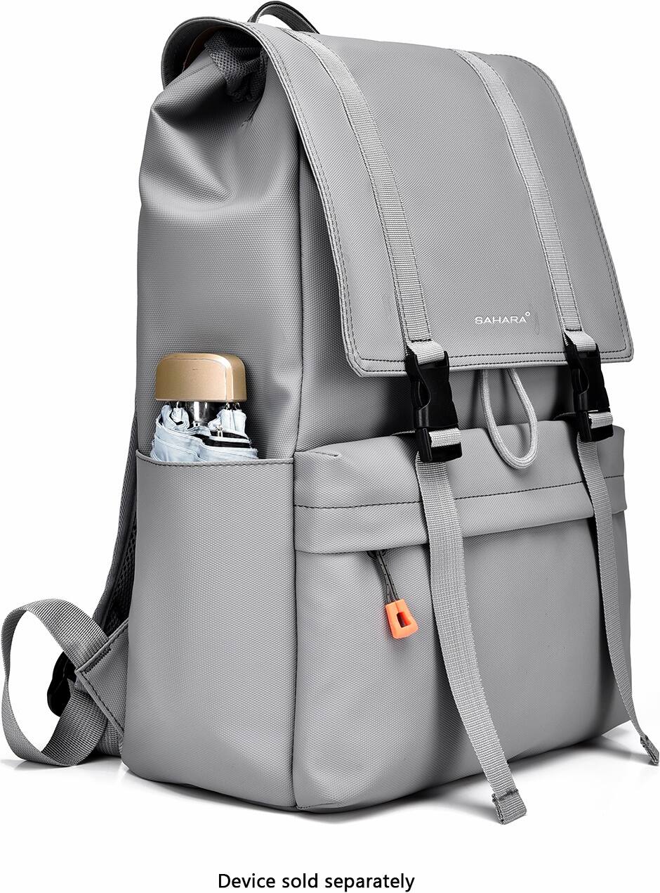 The image features a gray backpack with a pocket on the front. The pocket contains a cell phone and a bottle of water. The backpack is made by Sahara, and the device is sold separately.
