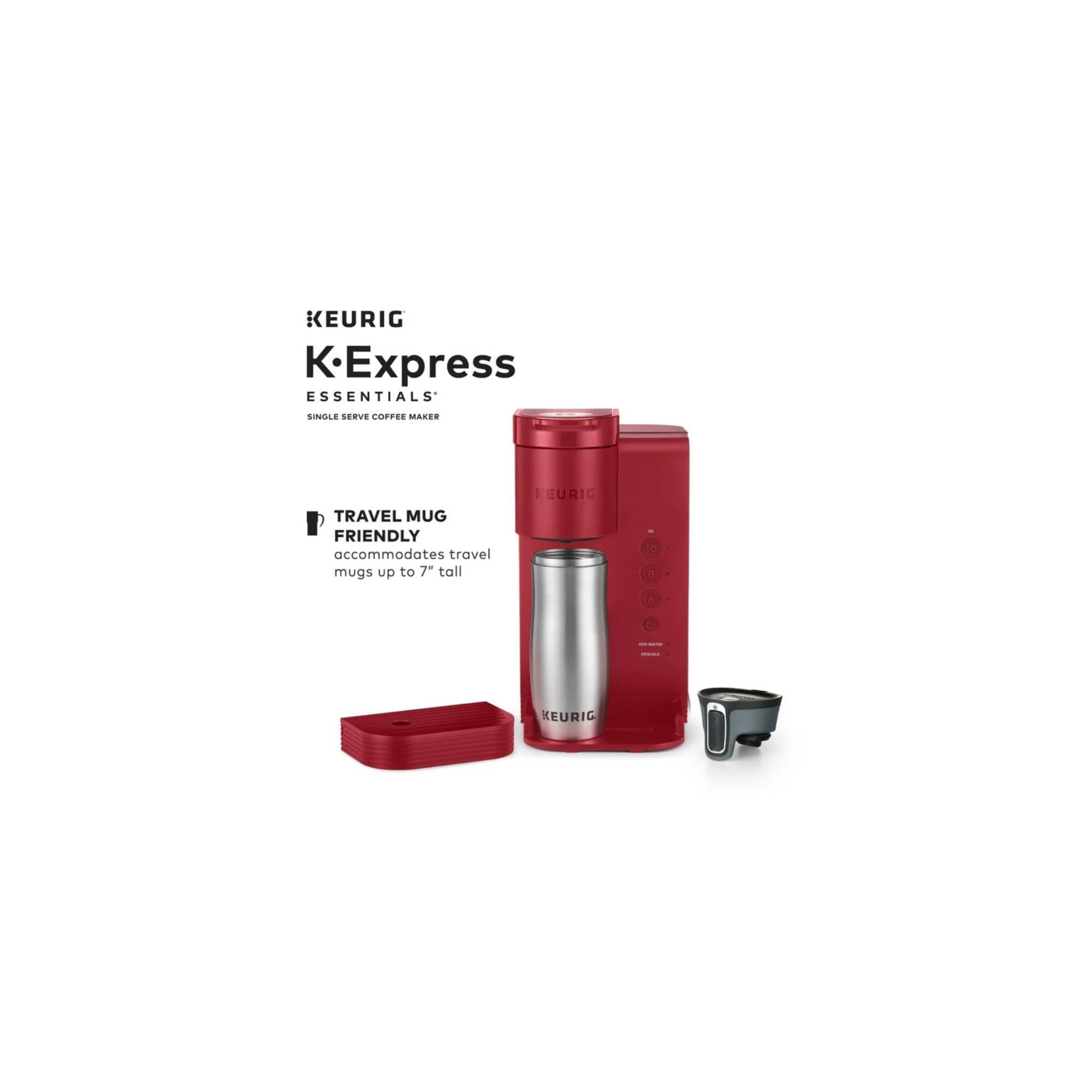 KEURIG  
K-Express  
ESSENTIALS  
SINGLE SERVE COFFEE MAKER  

TRAVEL MUG FRIENDLY  
accommodates travel mugs up to 7" tall  

KEURIG