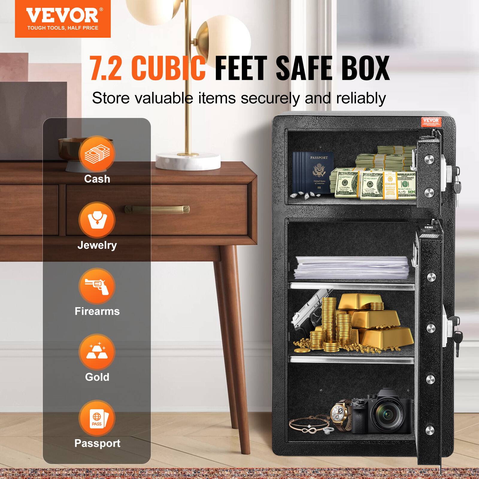 VEVOR TOUGH TOOLS, HALF PRICE 7.2 CUBIC FEET SAFE BOX Store valuable items securely and reliably
VEVOR PASSPIR
Cash
Jewelry
Firearms
Gold
Passport