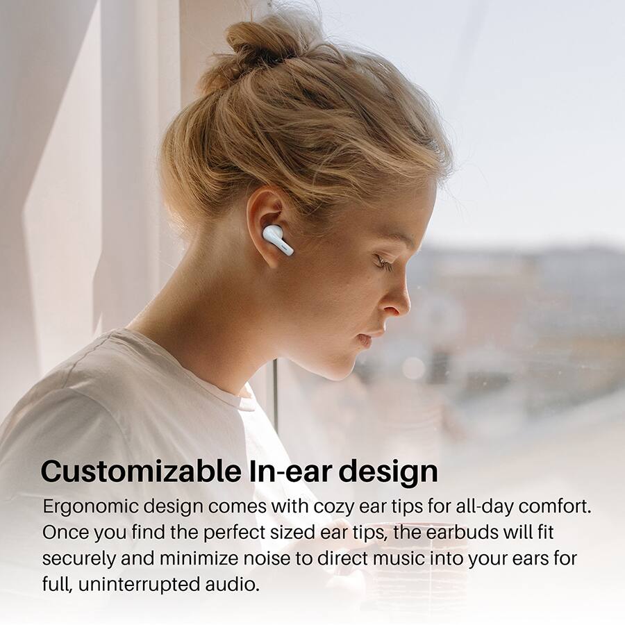 Customizable In-ear design
Ergonomic design comes with cozy ear tips for all-day comfort. Once you find the perfect sized ear tips, the earbuds will fit securely and minimize noise to direct music into your ears for full, uninterrupted audio.