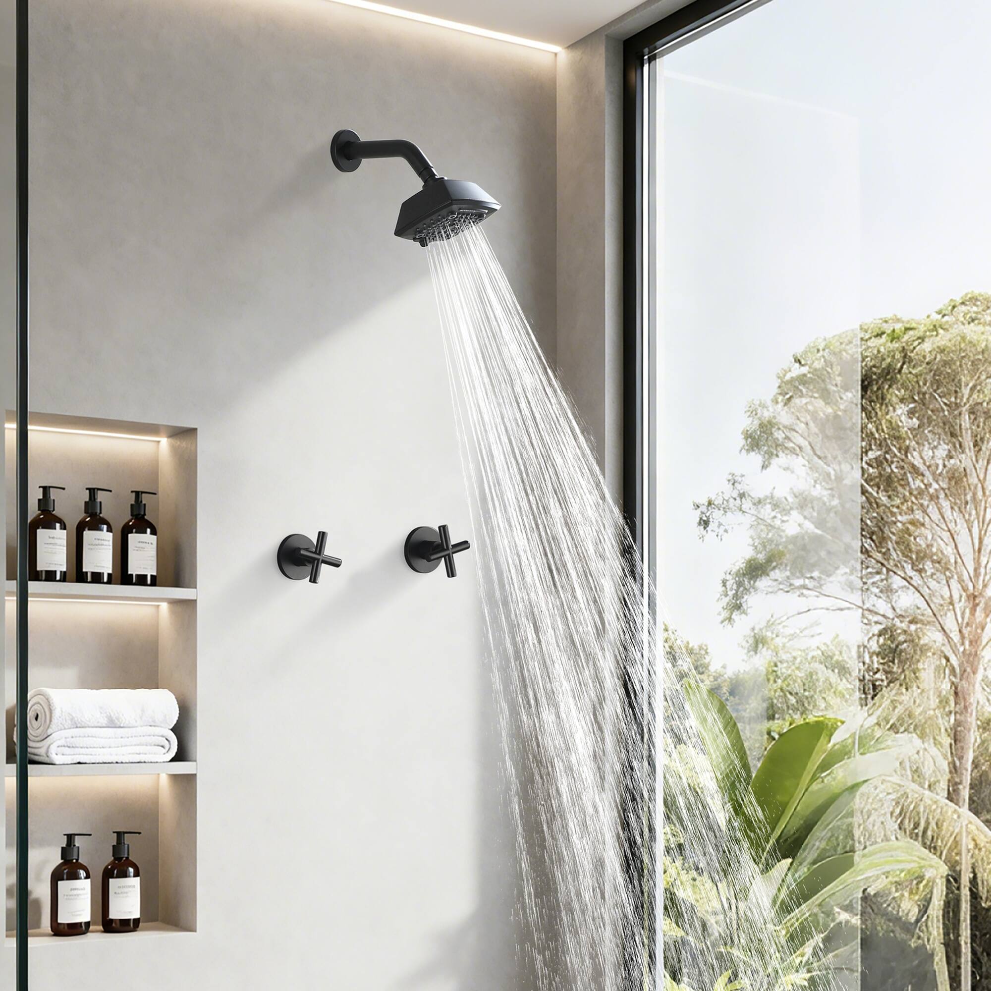 Alt View 2. Boyel Living - Matte Black Shower Set Brass SUS304 Dual Handle 5-Function ABS Top Spray 1/2NPT - Matte Black.