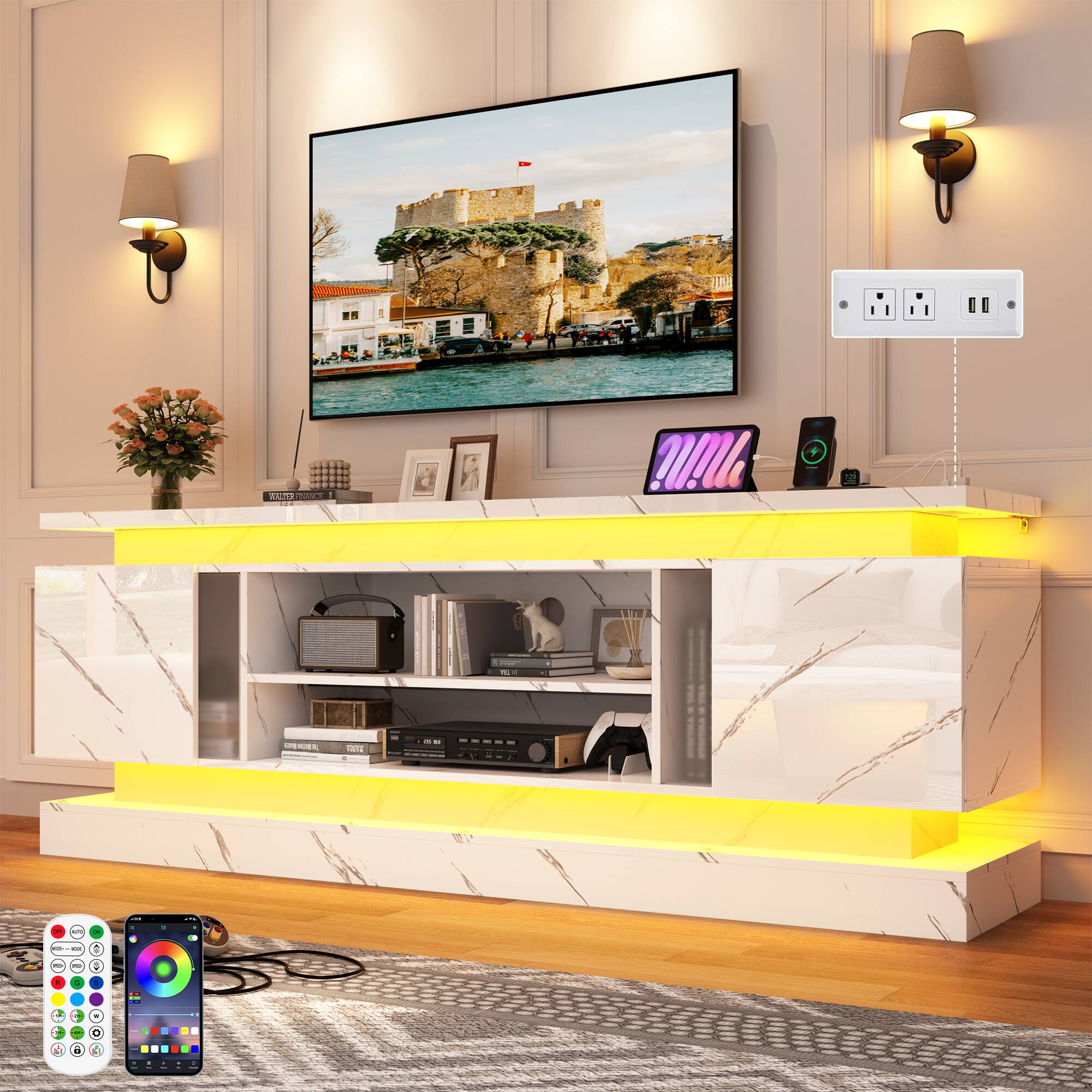 Left. Espafurni - 71" LED TV Stand w/Power Outlet for 75-85" TV, High Gloss, 2 Cabinets & Dual LED Lights - White Marble.