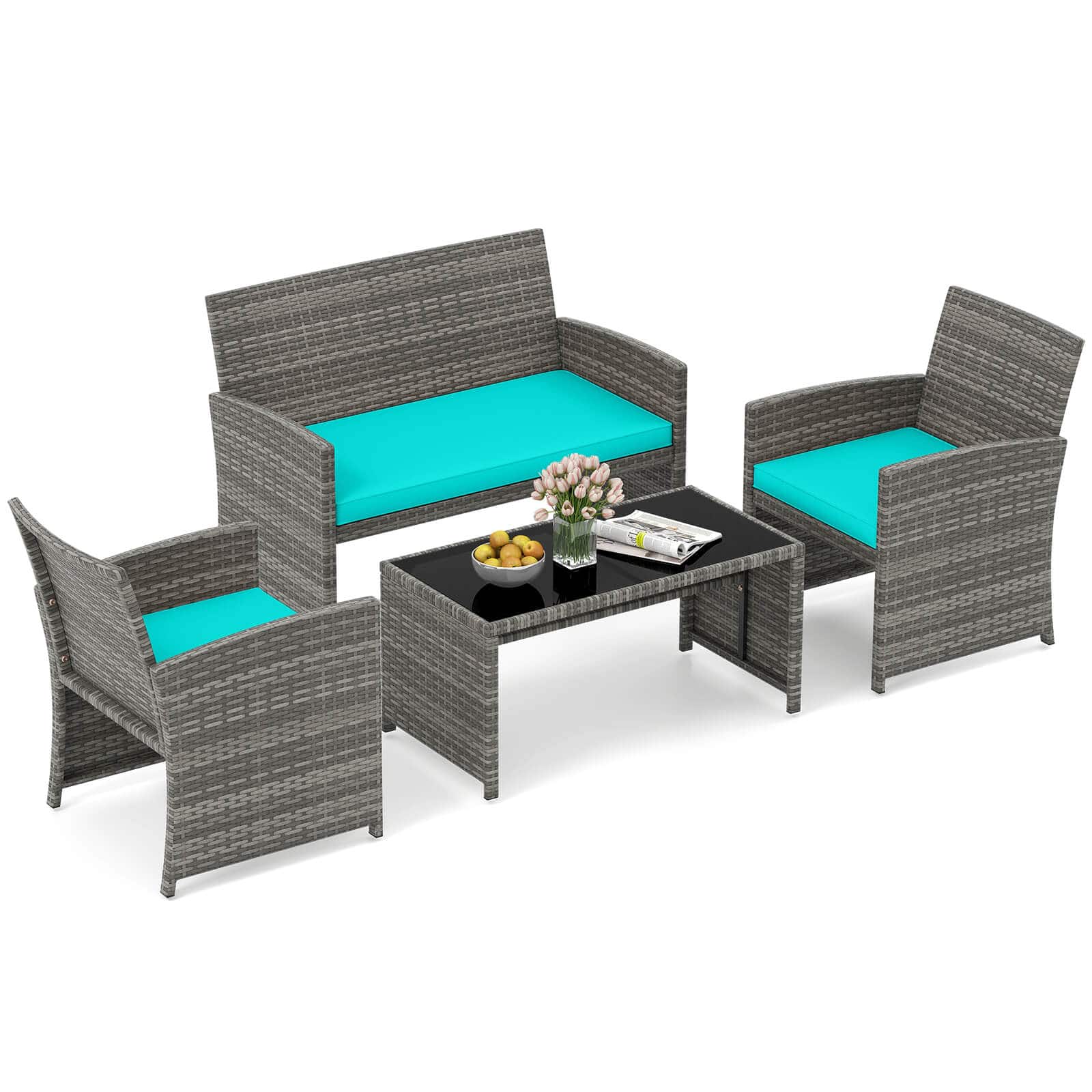 Costway - 4 PCS Patio Conversation Set with Seat Cushions & Tempered Glass Tabletop, Outdoor - Turquoise,Gray price history on PriceWatchPro