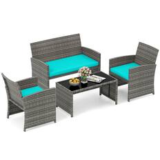 Front. Costway - Costway 4 PCS Patio Conversation Set with Seat Cushions & Tempered Glass Tabletop, Outdoor - Turquoise,Gray.