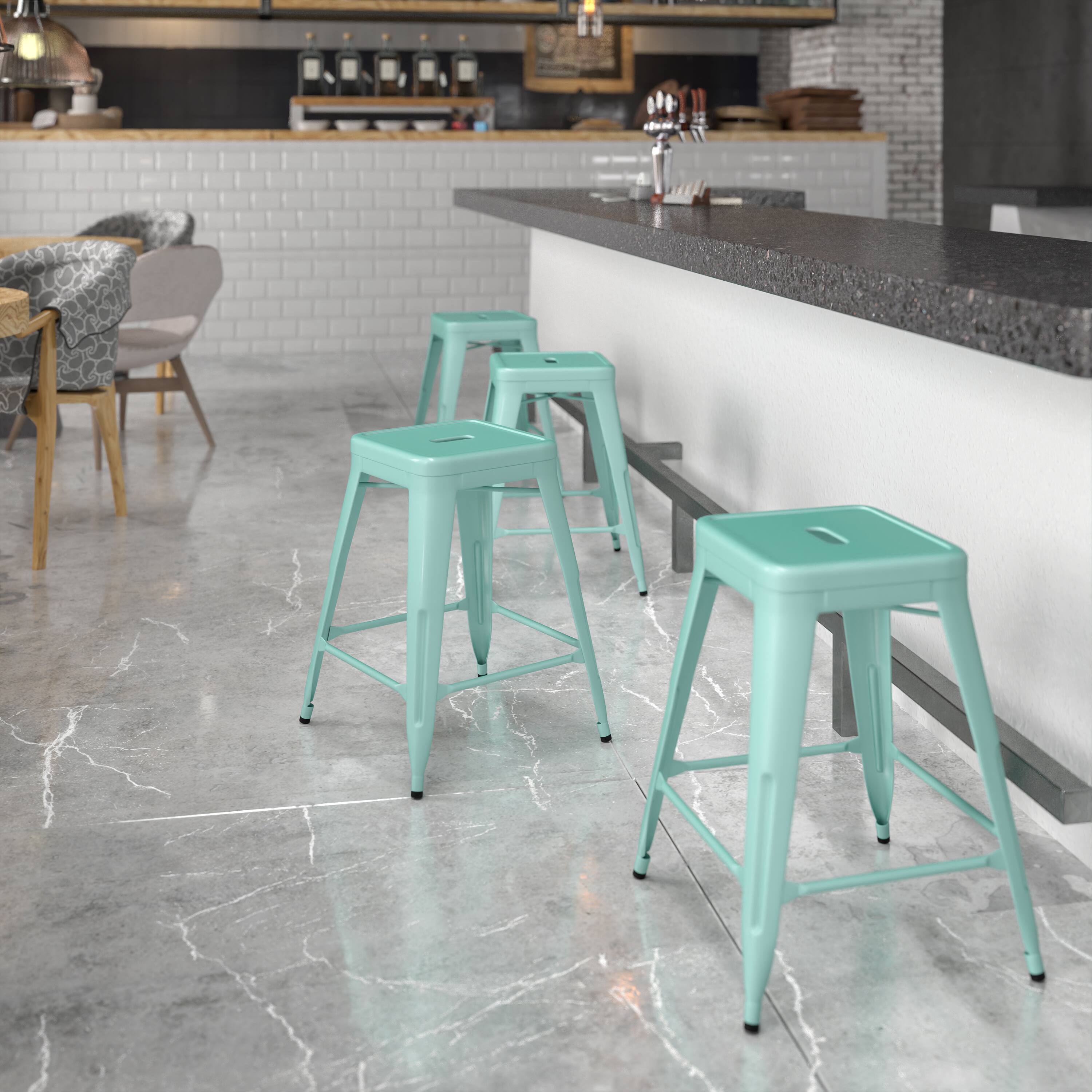 Alt View 1. Emma + Oliver - Commercial Grade 24"H Backless Metal Indoor-Outdoor Counter Stool w/ Square Seat - Mint Green.