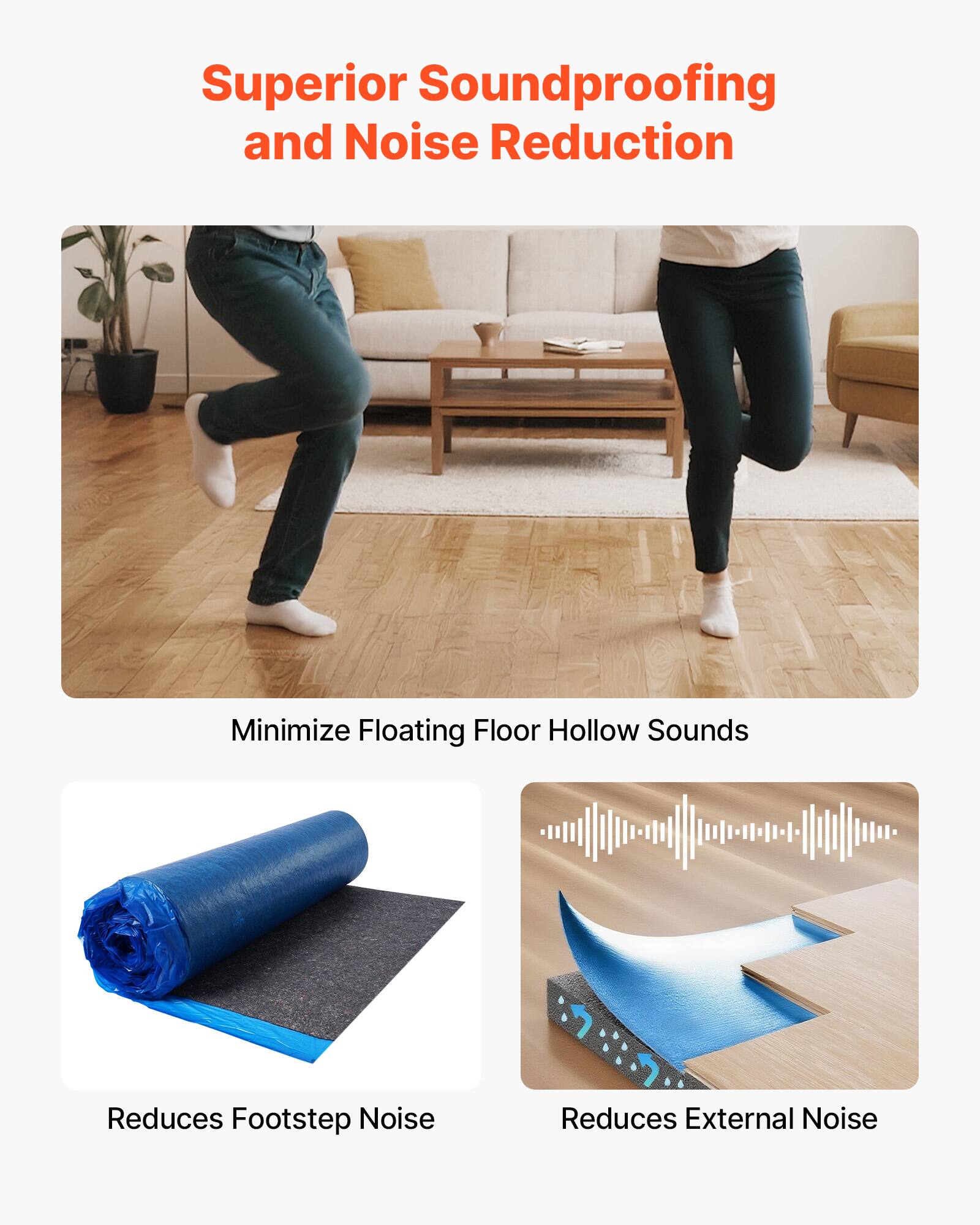 Superior Soundproofing and Noise Reduction

- Minimize Floating Floor Hollow Sounds
- Reduces Footstep Noise
- Reduces External Noise