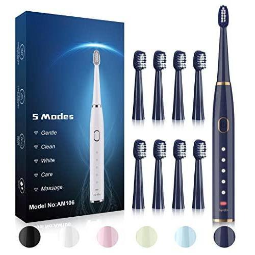 Cozy Serene - Sonic Electric Toothbrush For Adults And Kids- High Power Rechargeable Toothbrushes With 8 Brush - Navy