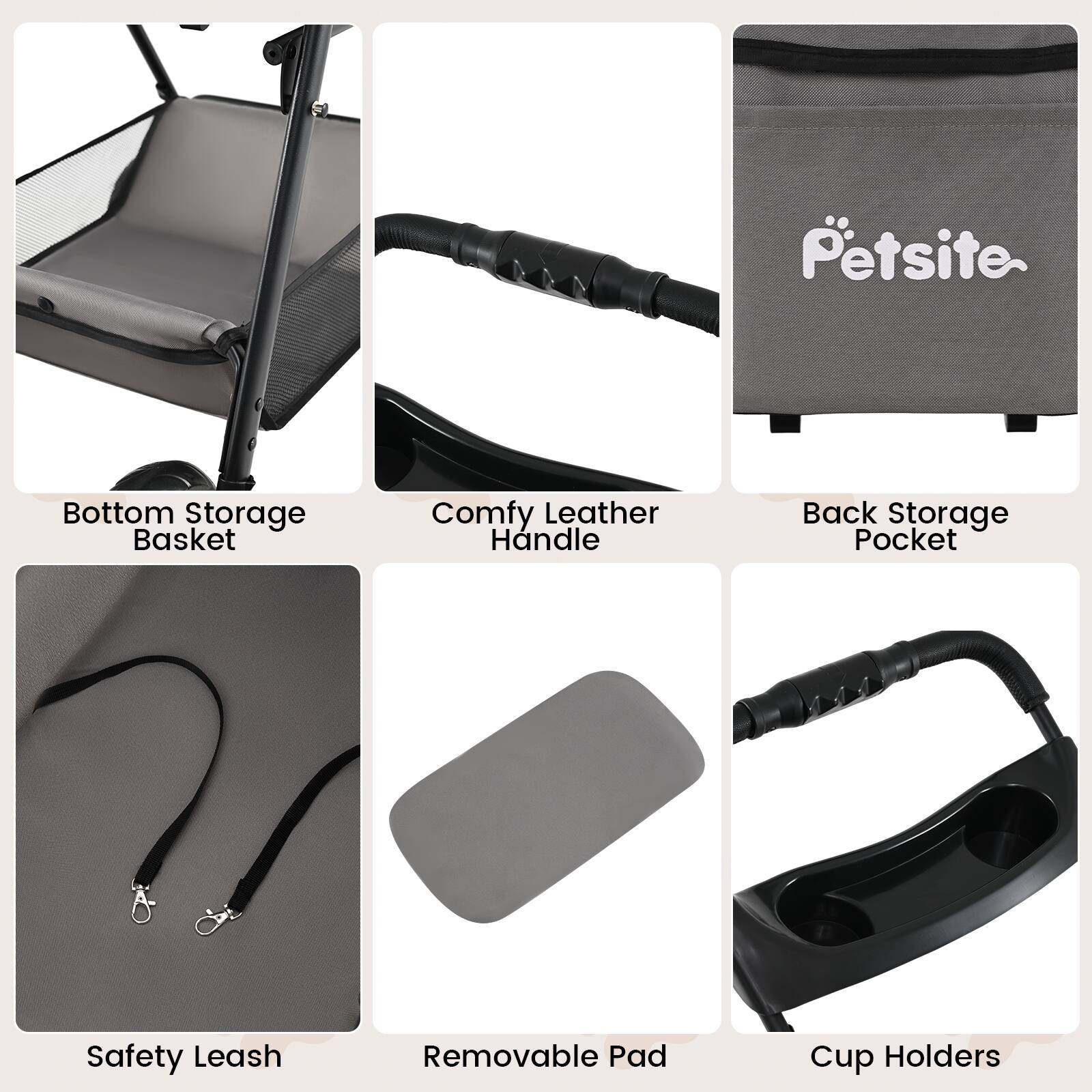 - Bottom Storage Basket
- Comfy Leather Handle
- Back Storage Pocket
- Safety Leash
- Removable Pad
- Cup Holders