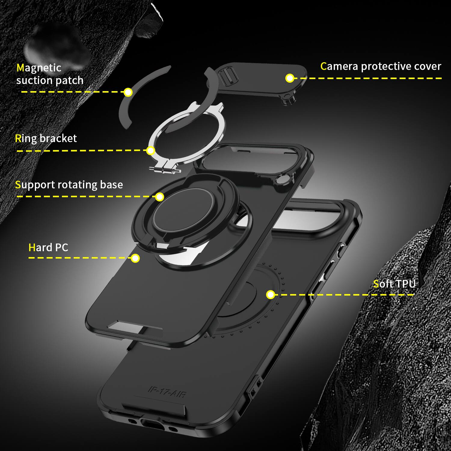 Magnetic suction patch  
Camera protective cover  
Ring bracket  
Support rotating base  
Hard PC  
Soft TPU  
IP-17-AIR