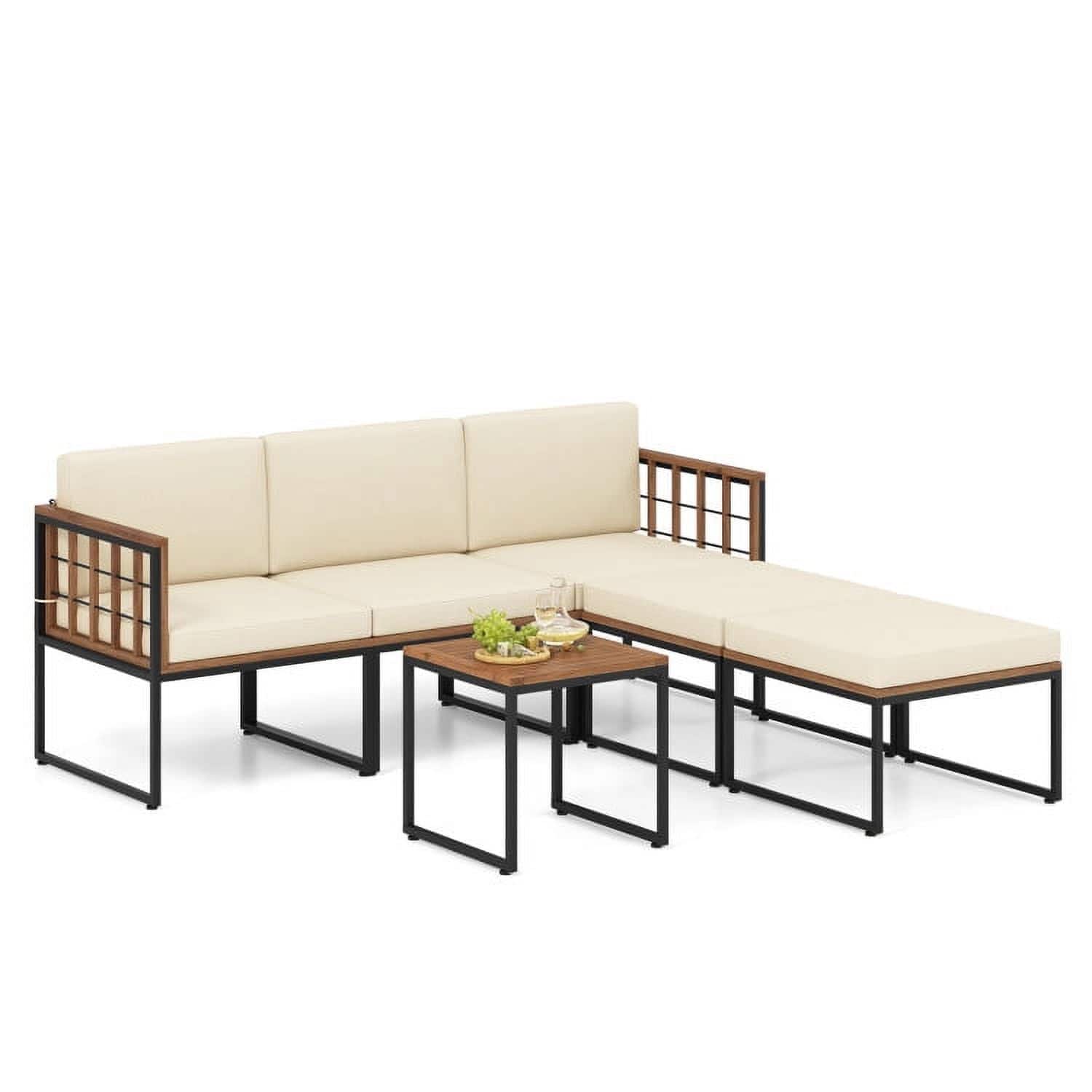 Pefilos - 6 Pieces Acacia Wood Patio Furniture Set Acacia Wood Chair Set, Deluxe Outdoor Patio with Coffee Table - Beige