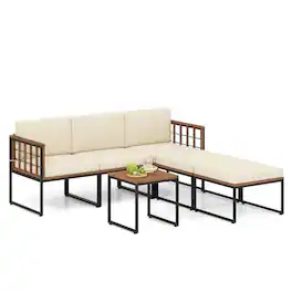 Pefilos - 6 Pieces Acacia Wood Patio Furniture Set Acacia Wood Chair Set, Deluxe Outdoor Patio with Coffee Table - Beige