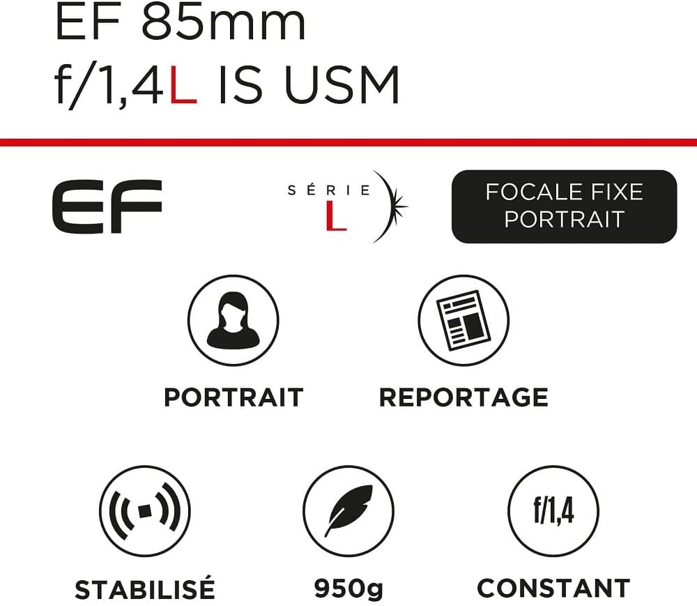 EF 85mm f/1.4L IS USM  
EF Série L  
Focale Fixe Portrait  
Portrait  
Reportage  
f/1.4  
Stabilisé  
950g  
Constant