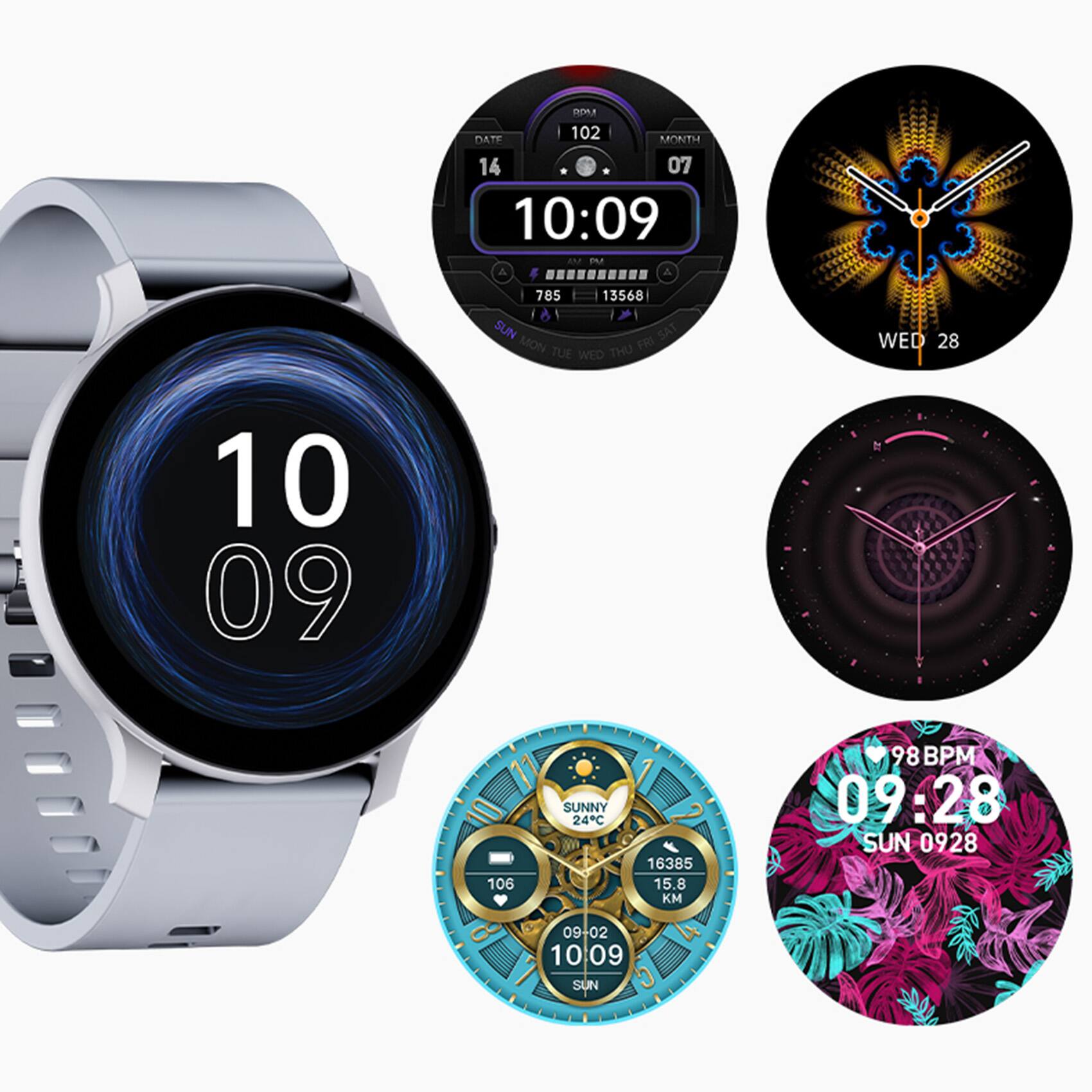 Sure, here is the corrected and grouped text from the image:

---

**DATE**  
102 BAOATM 14 07 10:09 2n2 P A ......... 785 13568 I SUN SAT MON THU FRI TUE WED WED 28 10 09 I 106 SUNNY 24C 16385 15.8 K 98 BPM 09:28 SUN 0928 09+02 10 09 SUN

---

**Watch Faces:**

1. **Top Left:**  
   - 10:09  
   - 102  
   - 07  
   - 14  
   - 785 13568  
   - SUN  
   - 106  
   - 24C  
   - 16385  
   - 15.8 K  
   - 98 BPM  
   - 09:28  
   - SUN 0928  
   - 09+02

2