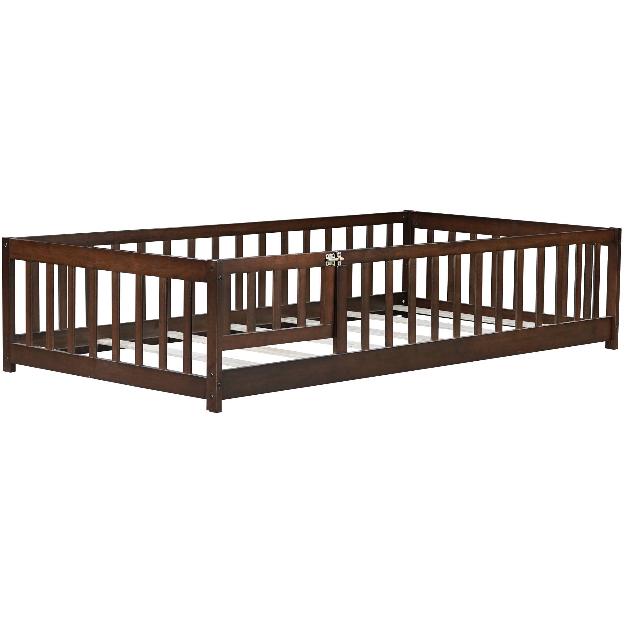 Alt View 9. GOODSILO - Twin Size Low-Profile Children's Floor Bed with Safety Guardrails and Entry Door, Natural Wood Finish - Espresso.