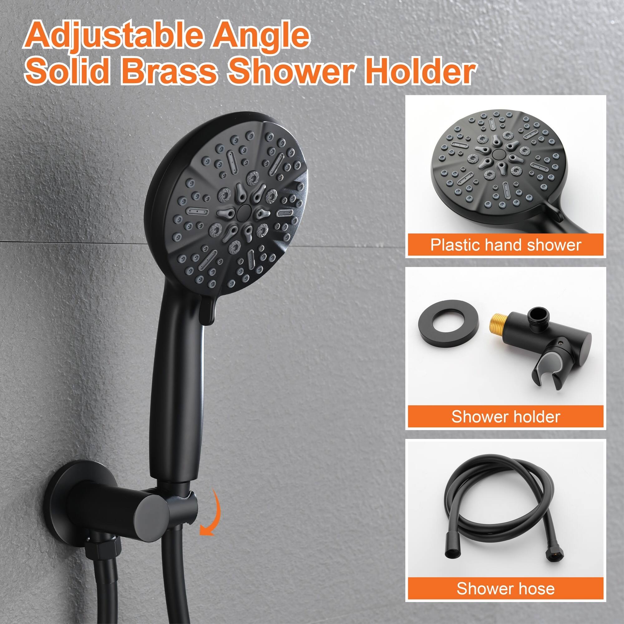 Adjustable Angle Solid Brass Shower Holder

Plastic hand shower

Shower holder

Shower hose