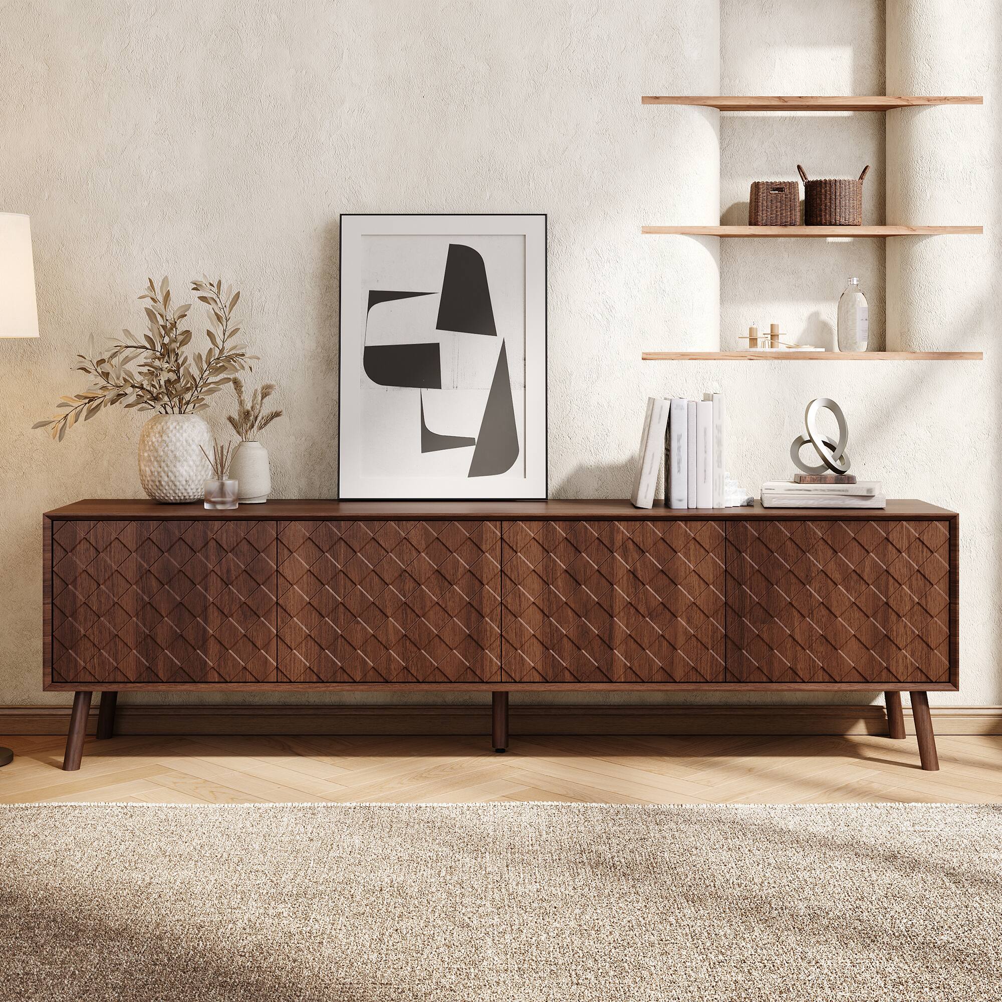 Left. MERAVOM - Mid-Century Modern TV Stand for TVs Up to 80", 70 Inch Entertainment Center with Storage Cabinets for Living Room - Walnut.