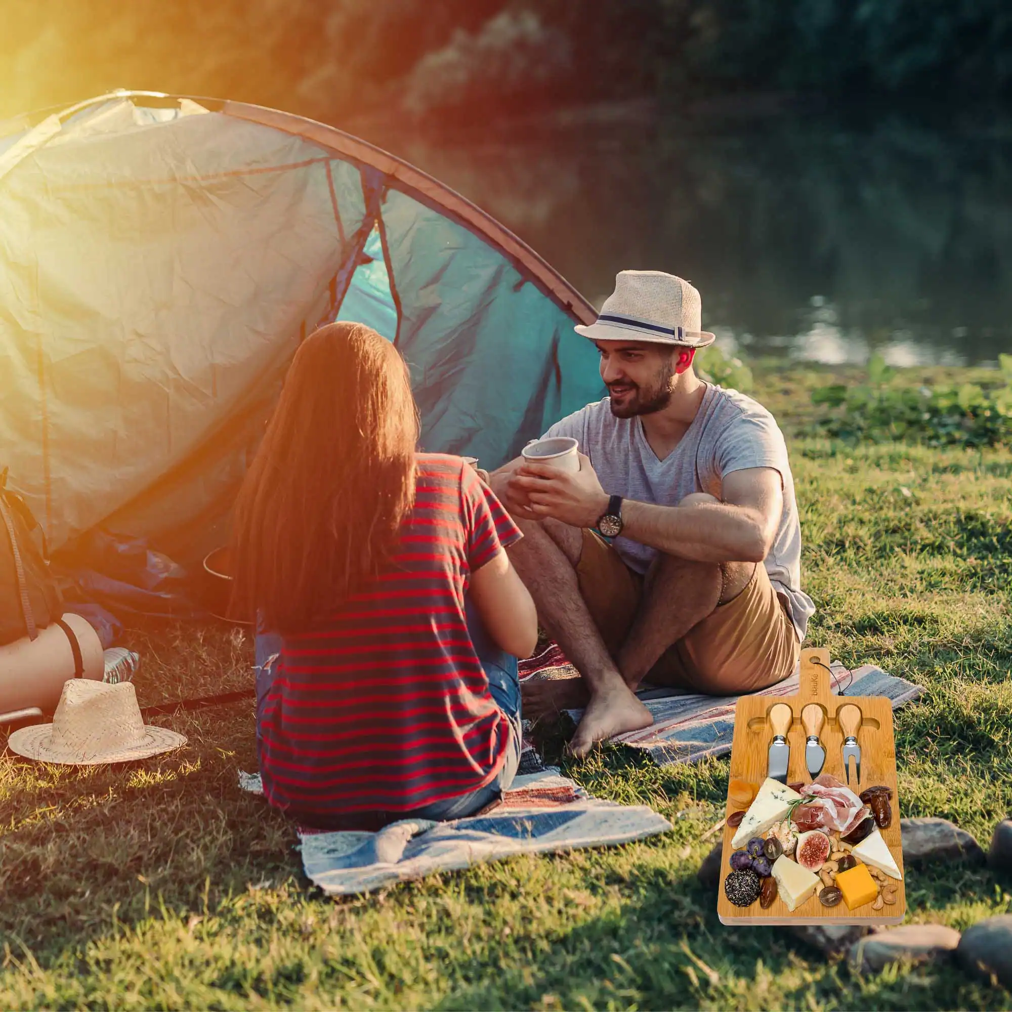 Alt View 2. BlauKe - Bamboo Cheese Board and Knife Set - 12x8 inch Charcuterie Board with Magnetic Cutlery Storage - Wood Serving Tray - Beige.