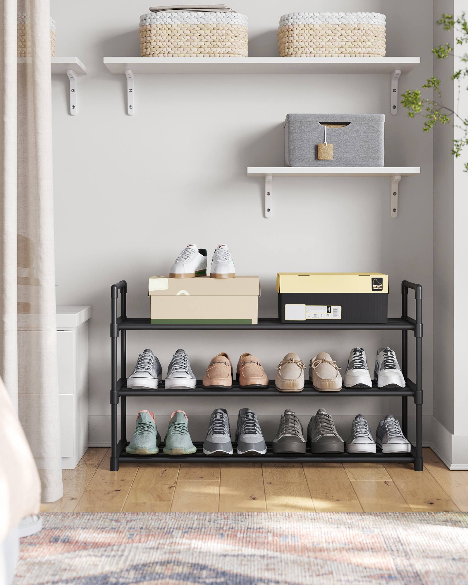 Back. Songmics Home - Shoe Rack, 3-Tier Shoe Storage Organizer, Metal Shoe Shelf, Fits 12 to 15 Pairs of Shoes, Stackable Shoe Tower - Black.