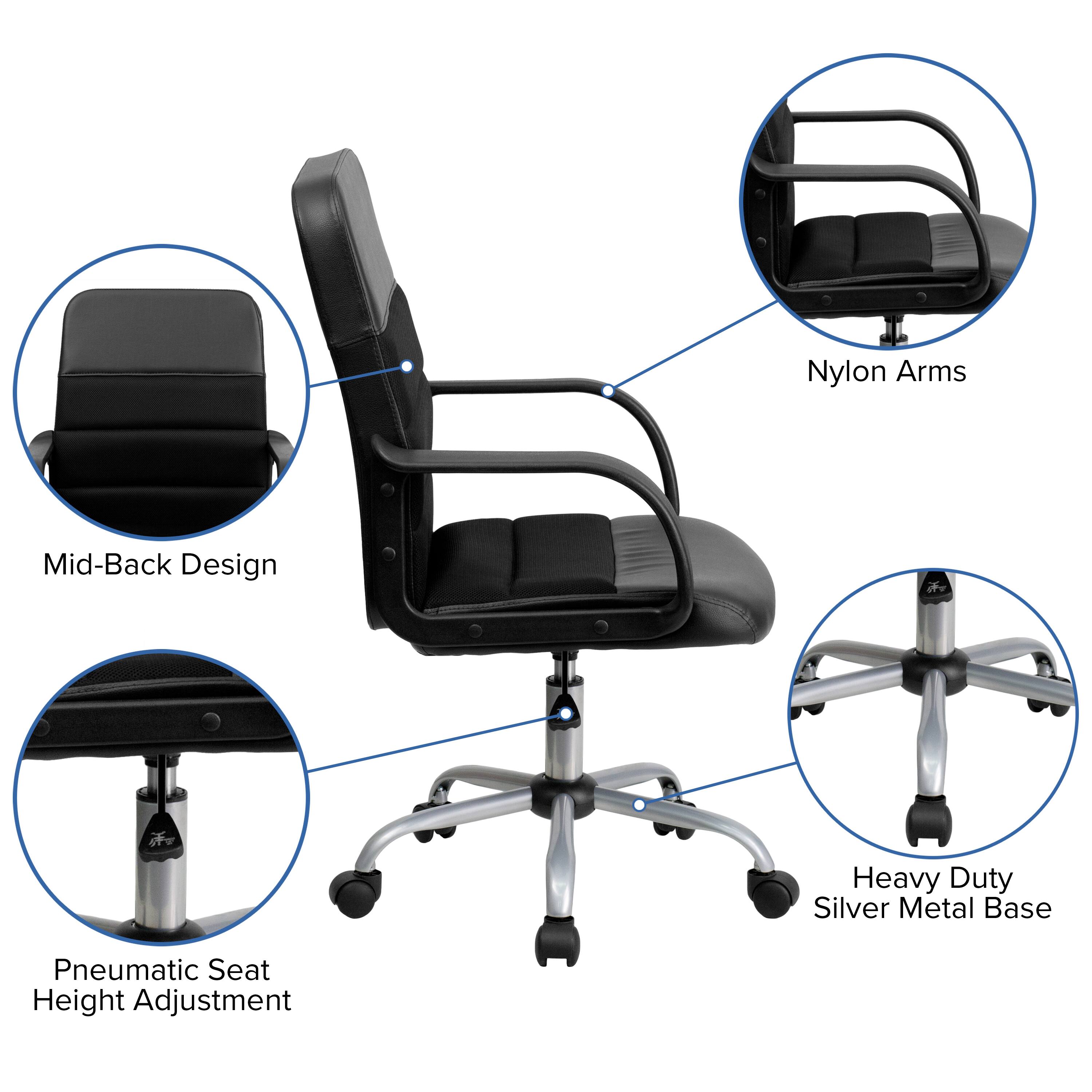 Nylon Arms  
Mid-Back Design  
Heavy Duty Silver Metal Base  
Pneumatic Seat Height Adjustment