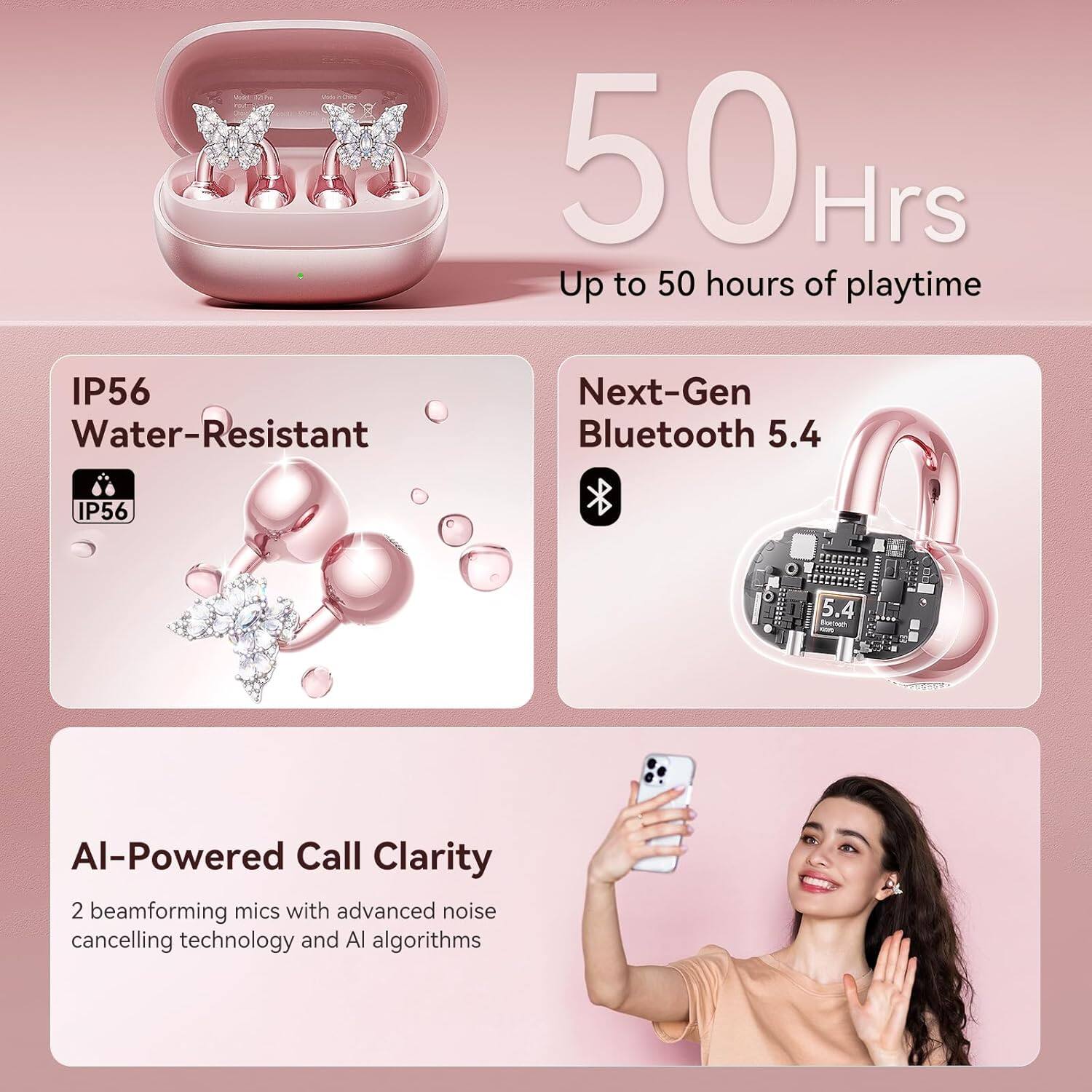 50 Hrs  
Up to 50 hours of playtime  

IP56 Water-Resistant  

Next-Gen Bluetooth 5.4  

AI-Powered Call Clarity  
2 beamforming mics with advanced noise cancelling technology and AI algorithms